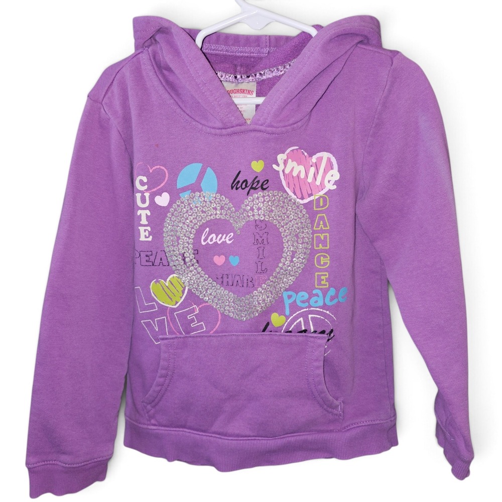 Toughskins Graphic Hoodie Girls M 5-6 Purple Excellent Glitter Heart Peace Love